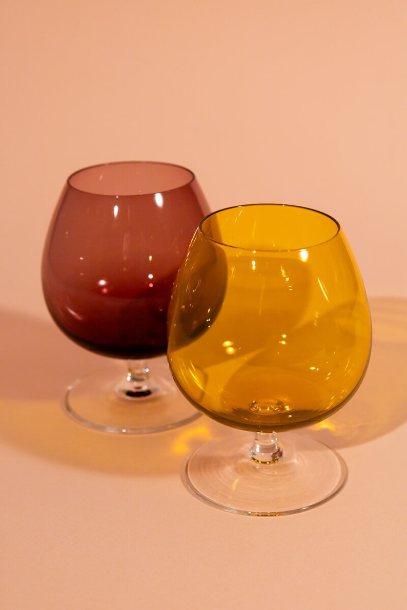 Vintage set of two multicolour stemmed glasses 60s 70s Unique Christmas gift, Housewarming gift , MCM, vintage barware, amber purple glass image 1