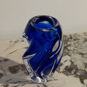 Vintage Bohemian glass twist cobalt blue vase