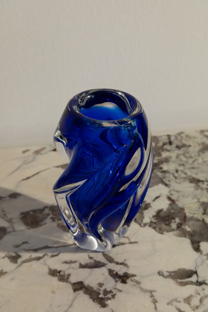 Vintage Bohemian glass twist cobalt blue vase