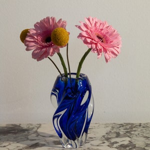 Vintage Bohemian glass twist cobalt blue vase