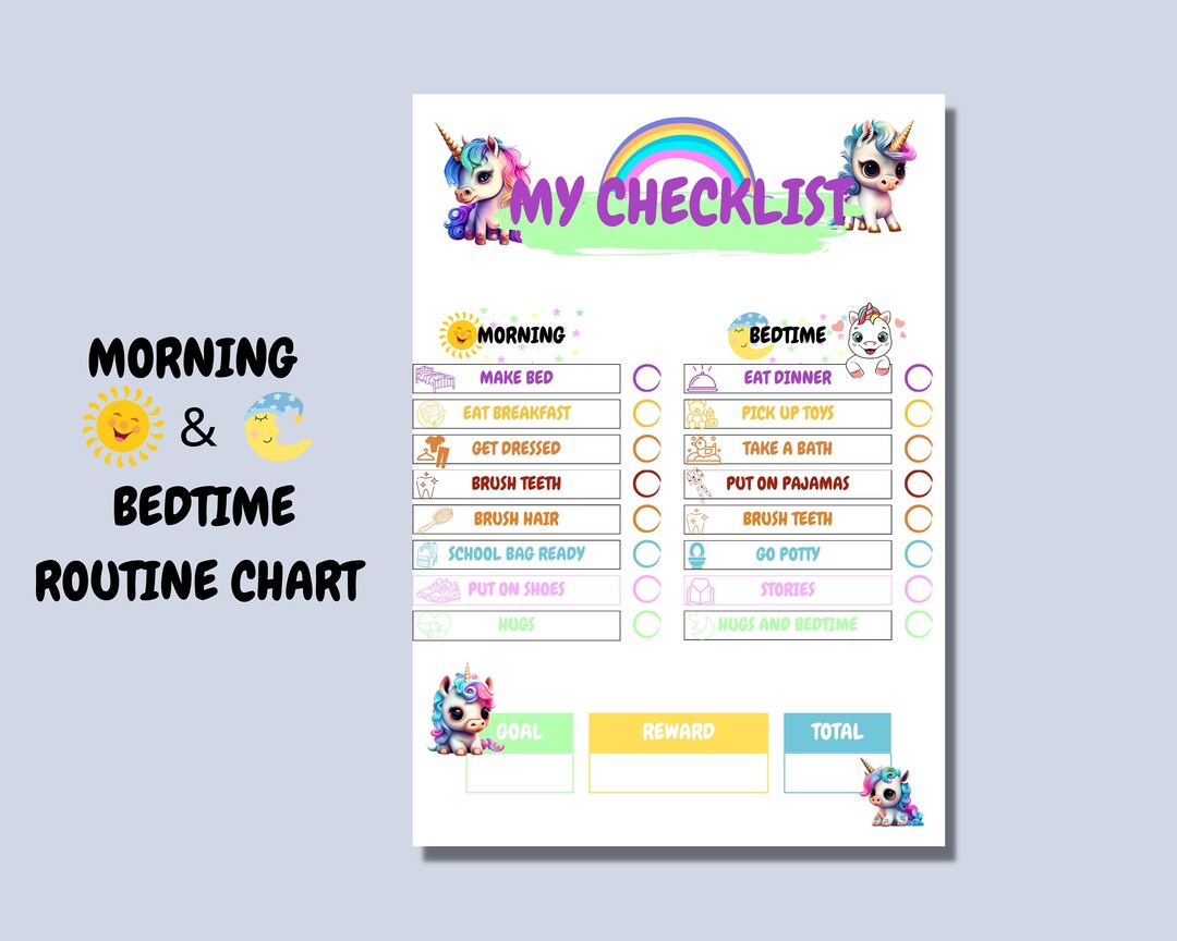 Kids Printable Unicorn Morning &amp; Bedtime Routine Chart With Pictures ...