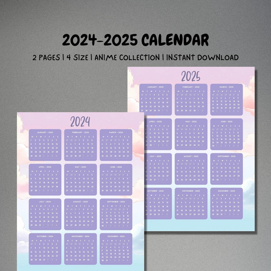 Printable 20242025 Yearly Calendar Animeinspired Yearly Etsy