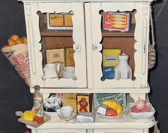 Antique small cabinet - buffet - spice cabinet, play shop, doll's kitchen with accessories