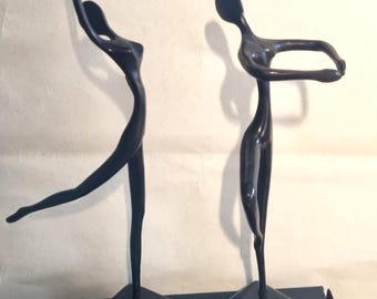 Two vintage metal sculptures, Bodrul Khalique Abstract Ballet Dancers, Scandinavian Modern Art, minimalist figures