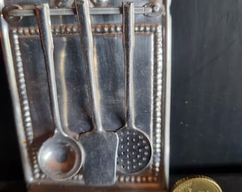 Vintage dollhouse accessories, shopkeeper's shop wall mount, kitchen appliances, tinplate