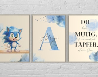 Sonic the Hedgehog name poster set of 3 with name and saying for children's room decoration, gift for birth, baby room personalized, Sonic