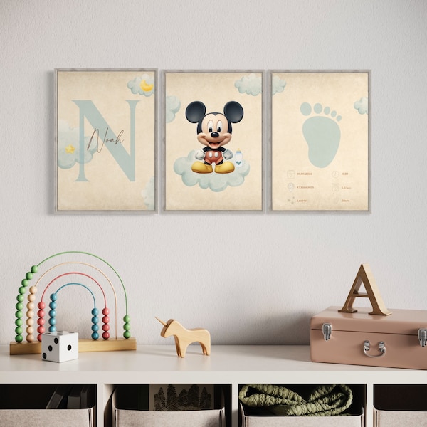 Lot de 3 affiches nominatives bébé Mickey avec nom, décoration de chambre d'enfant, cadeau de naissance, illustration du Roi Lion, personnalisé unique