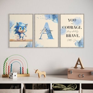 ゲーミングウォールアート - ソニック・ザ・ヘッジホッグ ウォールアート、パーソナライズされた文字ポスター、赤ちゃんの名前ウォールサイン、ウォールアート3点セット、イニシャル文字サインアート