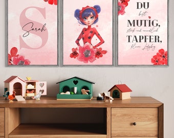 Miraculous Ladybug name poster set of 3 with name and saying for children's room decoration, birth gift, baby room personalized, Disney,