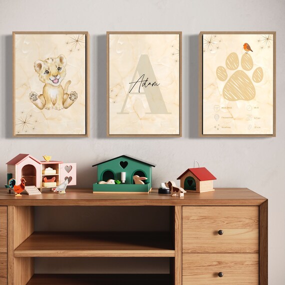 BABY LION ART - Set of 3 Wall Art, Personalize Letter Poster, Initial Letter Sign Art, Wall Decor for Kids Bedroom, Baby Lion Name Wall Sign