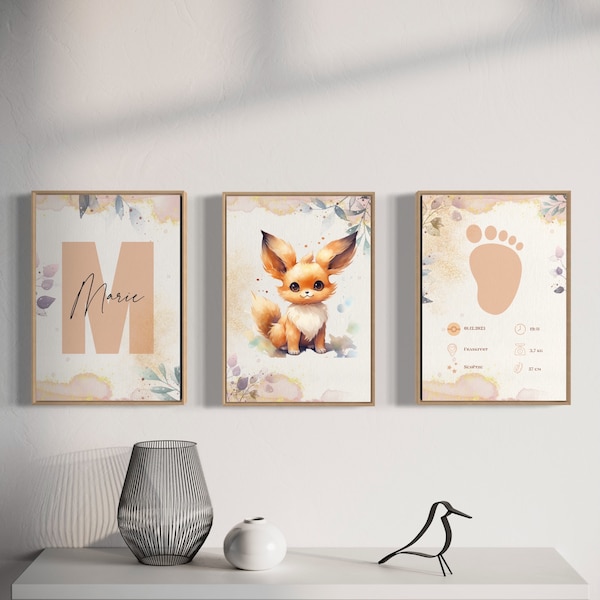 Evoli name poster set of 3 with name children's room decoration gift for birth/baptism animal pictures children baby/baby room personalized, Pokémon