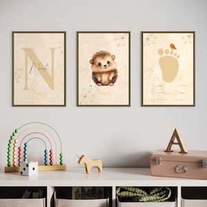 BABY HEDGEHOG ART - Set of 3 Wall Art, Personalized Letter Poster, Initial Letter Sign Art, Wall Decor for Kids Bedroom, Hedgehog Name Sign
