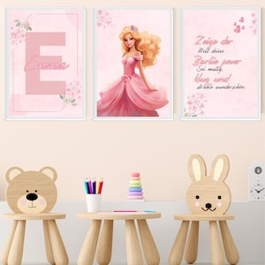 Set of 3 Barbie Name Posters - Personalized Wall Art for Kids Room, Initial Letter Decoration, Gift for Girls, Baby Room Poster