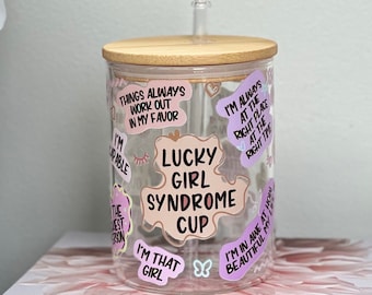 17oz Lucky Girl Syndrome Glass Mug | Glass Coffee Mug | Cute Glass Mug | Iced Coffee Glass Mug With Bamboo Lid And Straw | Iced Coffee Cup