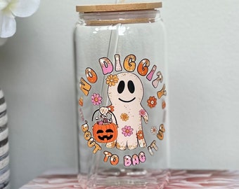 Halloween Gift | Halloween Iced Coffee Cup | Gift For Women | Fall Iced Coffee Glass Spooky Season Gift | Glass Can Cup With Lid And Straw