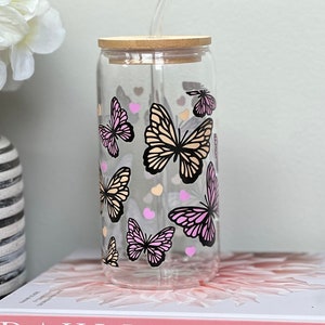 Butterfly Glass Cup | 16Oz Glass Beer Can | Butterfly Beer Can Glass | Butterfly Lover Gift | Iced Coffee Glass Cup | Monarch Butterfly