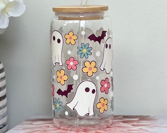 Ghost Glass Cup | Iced Coffee Glass | Aesthetic Glass Can | Retro Flowers | Retro Spooky Season Ghost Can Glass | Cute Fall Cup