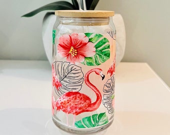 Flamingo Gifts | Flamingo Glass Cup | Plant Lover Gift | Flamingo Clear Cup With Lid and Straw | Flamingo With Monstera Plant | Plant Mom