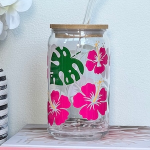 Monstera Hibiscus Plant Glass Cup | Plant Gifts For Her |  Plants Clear Cup With Lid and Straw |  Plant Mom Gift | Plant Coffee Cup Gifts