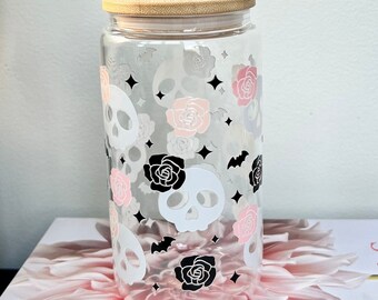 Skull Libbey Glass Cup With Straw | Skulls and Roses Cup | Glass Cup Coffee Can Beer | Day of Dead | Gothic Coffee Cup | Aesthetic Glass