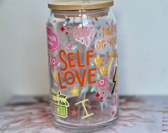 Self Love Glass Coffee Cup |  Best Friend Gift | Iced Coffee Glass Cup With Lid And Straw | Daily Affirmation Glass | Motivational Glass