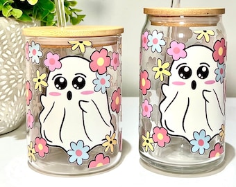 ハロウィンギフト | 竹製蓋 | パンプキンカップ | ハロウィンカップ | 16オンスガラス缶 | ゴーストガラスカップ | ハロウィンタンブラー | 秋のガラス缶