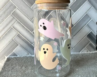 Bonita taza de cristal fantasmal, vaso espeluznante, taza de otoño, taza de Halloween, taza de café helado, fantasma rosa, cesta de regalo, fantasma retro.