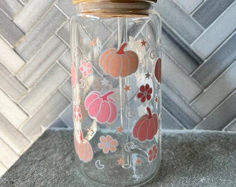 Pumpkin Iced Coffee Cup with Lid and Straw | Pumpkin Glass Can Coffee Cup | Fall Coffee Mug | Fall Season Gift | Pumpkin Season Glass Cup