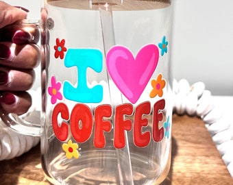 Oversized Clear Glass Coffee Mug – Large 17oz Floral Coffee Cup with Lid & Straw, Trendy Gift for Coffee Lovers, Aesthetic Glass Mug