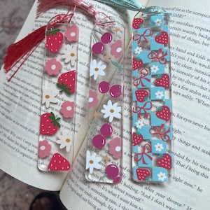 Cute Acrylic Bookmarks with Tassels | Strawberry, Cherry & Daisy Bookmarks | Aesthetic Bookmark | Gift for Readers | Coquette Bookish Gift