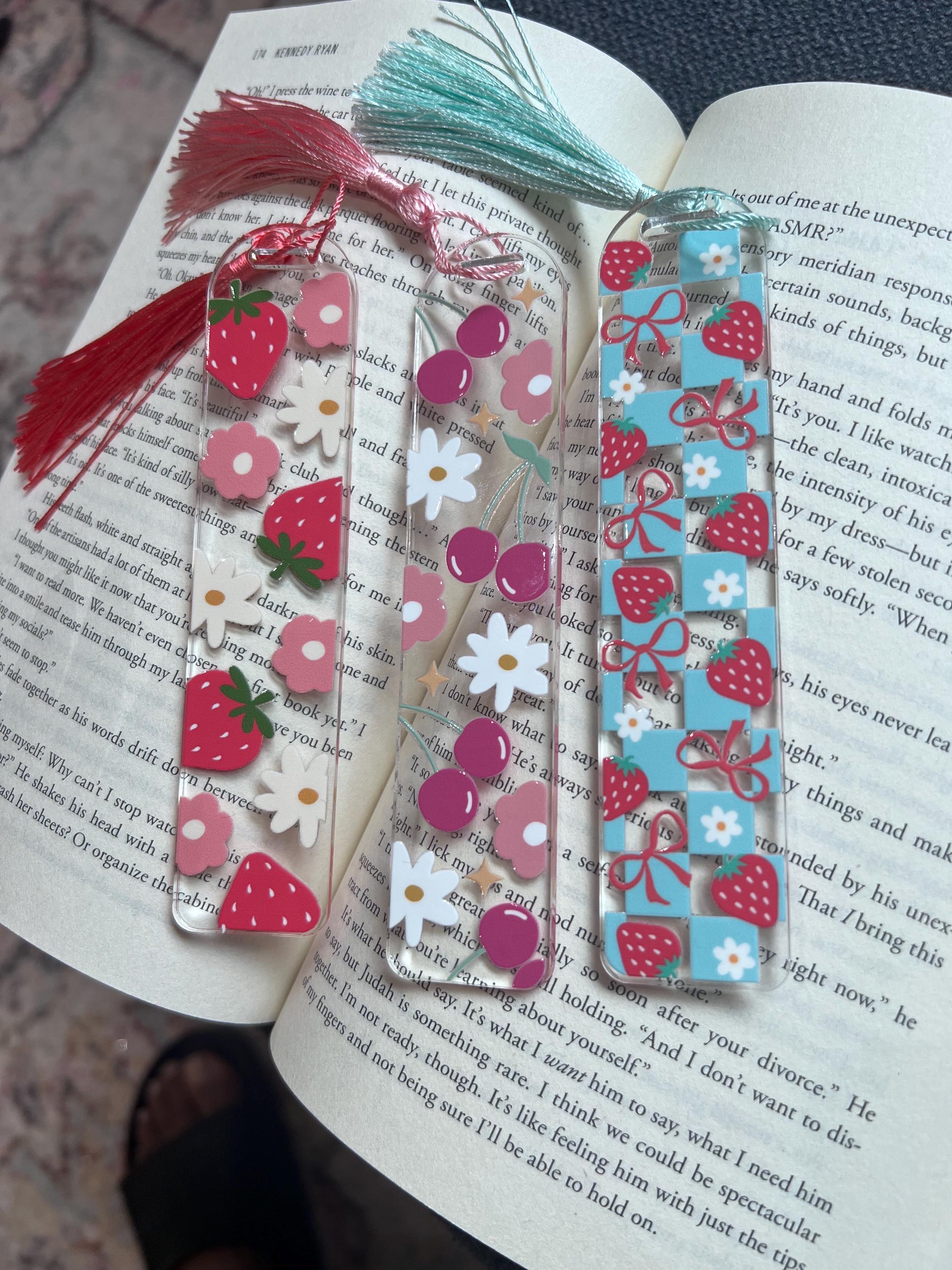 Cute Acrylic Bookmarks With Tassels | Strawberry, Cherry & Daisy ...