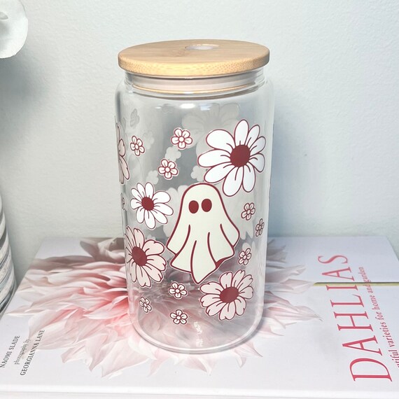 16 Oz Floral Ghost Glass Cup With Lid and Straws Clear or Frosted Glass  Halloween Ghost and Flowers 