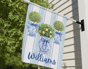 Custom Chinoiserie Garden Flag, Topiary Door Hanger, Preppy Bow Seasonal Garden Decor, Outdoor Patio Porch Welcome Sign Front Door Yard Art