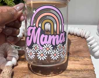 Glass Mug With Lid | Mug With Handle | Mama Clear Glass Mug | Gift For Her | Gift for Mom | Mom Glass Mug | Birthday Gift | Iced Coffee Cup