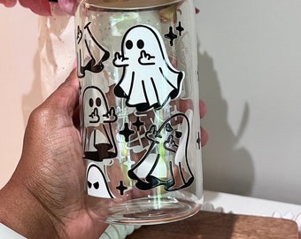 Middle Finger Ghosts Iced Coffee Glass | Beer Glass | Glass Iced Coffee Cup Lid And Straw | Ghost Cup | Spooky Season Cup | Funny Glass Cup