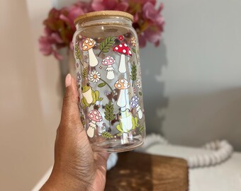 Mushroom Glass Cup | Matcha Glass | Iced Coffee Cup | Kawaii Frog | Mushroom Gifts Women | Cottagecore Decor Glass Tumbler | Plant Lover Cup