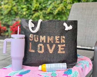 Bag Beach Bag | Black Glitz Weekend Bag | Large Beach Tote Bag  | Gift for Her | Zipper Tote  | Wedding Favor Bags |  Reusable Shopping Bag