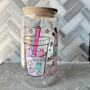 Sugar Skulls Glas | Eiskaffeetasse | Herbst Tasse | Geist Eiskaffee | Pastell Halloween Tasse | Halloween Eiskaffee | Halloween Tasse