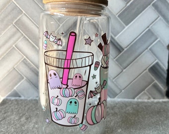 Sugar Skulls Glass | Iced Coffee Cup | Fall Cup | Ghost Ice Coffee | Pastel Halloween Cup | Halloween Iced Coffee | Halloween Mug
