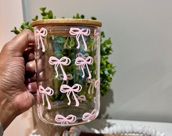 Pink Bow Cup | Coquetteful Bow Glass | Pink Bow | Coquette Aesthetic | Pink Bow Cup | Pink Aesthetic | Birthday Gift | Iced Coffee Cup