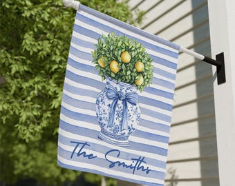 Preppy Chinoiserie Topiary Garden Flag | Personalized Ginger Jar Yard Banner | Custom Outdoor Home Decor | Floral Yard Art House Flag