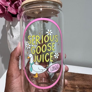 Serious Goose Juice Glass Can  | Meme Gift | Glass Cups with Lid and Straw | Silly Goose Glass Mug | Iced Coffee Cup | Cocktails | Mocktails