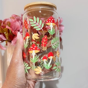 Mushroom Glass Mug | Matcha Glass | Iced Coffee Cup | Magicial | Gifts Women | Cottagecore Decor Glass Tumbler | Nature Lovers | Plant Lover