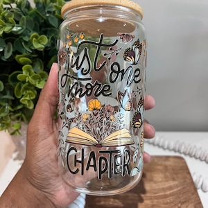 Just One More Chapter Glass Can | Glass Coffee Cup | Book Club Gifts | Glass Tumbler with Lid and Straw | Floral Butterfly Reader Gift