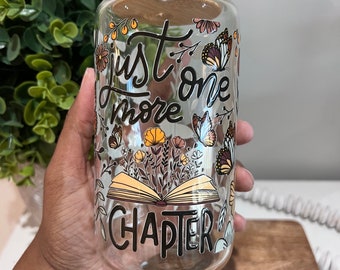 Just One More Chapter Glass Can | Glass Coffee Cup | Book Club Gifts | Glass Tumbler with Lid and Straw | Floral Butterfly Reader Gift
