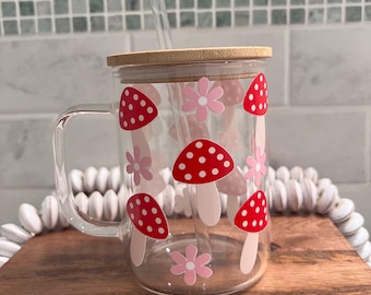Mushroom Glass Cup | 16oz Mushroom Can Glass | Ice Coffee Cup With Lid & Straw | Cottage Core Aesthetic | Mushroom Cup | Glass Tumbler