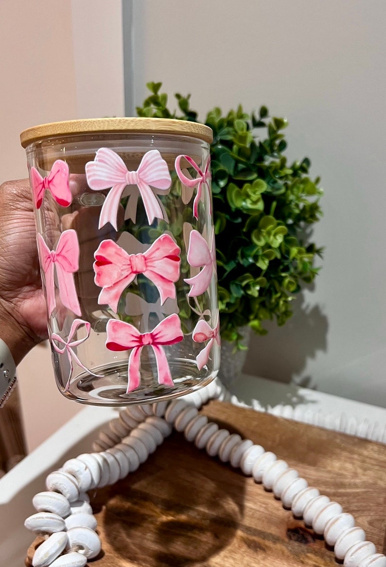 Coquette Pink Bow Cup Pink Aesthetic Coquette Bow Glass Glass With Lid ...