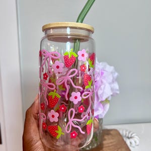 Strawberry Coquetteful | Iced Coffee Glass Cup | CottageCore Cup | Gift For Friend | Sipper Glass | Glass Tumbler | Coquette Bow Glass Cup