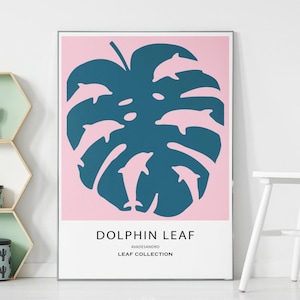 Arte de pared, cartel de hoja tropical con delfines, cuadro azul y rosa.
