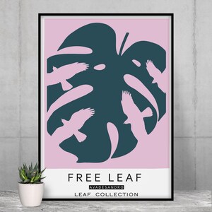 Cartel de diseño azul y rosa, impresión hoja tropical con pájaros, arte de pared, cuadro de decoración, regalo de diseño
